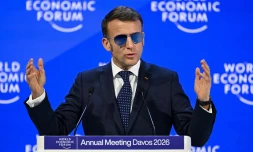 Emmanuel Macron, à Davos, pendant son discours du 20 janvier. (FABRICE COFFRINI / AFP)