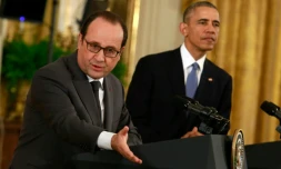 Le président français François Hollande et son homologue américain Barack Obama, lors d'une conférence de presse conjointe, le 24 novembre 2015 à la Maison Blanche, à Washington