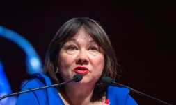 La présidente de La Ligue des droits de l'homme, Nathalie Tehio, à Paris, le 4 févier 2026. (VALERIE DUBOIS / HANS LUCAS / AFP)