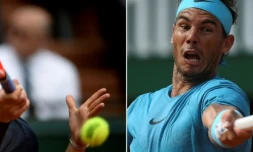L'Autrichien Dominic Thiem (g) et l'Espagnol Rafael Nadal lors de leur demi-finale respective à Roland-Garros, le 8 juin 2018