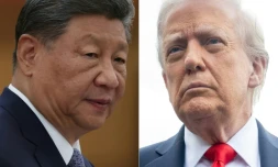 Combinaison d'images créée le 18 septembre 2025 du président chinois Xi Jinping à Beijing en Chine le 4 septembre 2025 et du président américain Donald Trump à Washington, aux Etats-Unis, le 16 septembre 2025