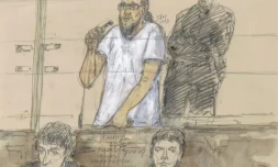 Croquis d'audience de Mohamed Lamine Aberouz (en blanc), au deuxiĂšme jour du procĂšs de l'attentat de Magnanville, le 25 septembre 2023 au palais de justice de Paris ( AFP / Benoit PEYRUCQ )
