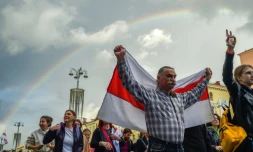 Manifestation à Minsk contre la réélection du président Alexandre Loukachenko, le 27 août 2020 à Minsk, au Bélarus