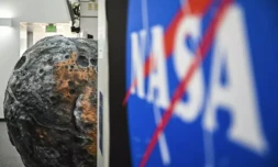 Le logo de la Nasa devant une réplique de l'astéroïde Psyché au centre spatial Kennedy en Floride, le 10 octobre 2023 ( AFP / CHANDAN KHANNA )