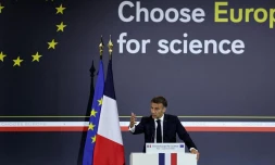  Emmanuel Macron, ce lundi, au sommet Choose Europe for Science à la Sorbonne. © Crédit photo : GONZALO FUENTES/AFP 