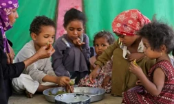 Saeedah Mohammed, une déplacée yéménite, nourrit ses petits-enfants avec des feuilles bouillies dans leur tente du camp d'Al-Manij, près de Taëz, dans le sud ouest du Yémen, le 21 mai 2026 ( AFP / Ahmed al-Basha )