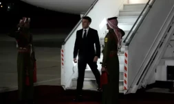 Le président français Emmanuel Macron arrive à Amman le 24 octobre 2023 ( POOL / Christophe Ena )
