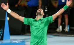 Le Serbe Novak Djokovic exulte aprĂšs sa victoire face Ă l'Italien Jannik Sinner en demi-finale de l'Open d'Australie, le 30 janvier 2026 Ă Melbourne
