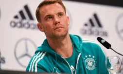 Le gardien de but allemand, Manuel Neuer  à une conférence de presse, à Vatukini, près de Moscou, le 19 juin 2018, lors du Mondial en Russie 