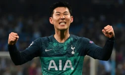L'attaquant de Tottenham Son Heung-min exulte Ă la fin du match contre Manchester City ern quarts retour de C1 Ă l'Etihad Stadium, le 17 avril 2019