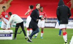 Soulagement pour le nouvel entraîneur de Monaco Robert Moreno (c) après la victoire contre Reims en 32es de finale de Coupe de France, le 4 janvier 2020 au stade Louis-II 