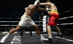 Le poids lourd Tony Yoka (g) bat l'Allemand Alexander Dimitrenko Ă Antibes le 13 juillet 2019