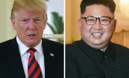 Le président américain Donald Trump (G), le 11 juin 2018 à Singapour, et le président nord-coréen Kim Jong Un (D), le 10 juin 2018 à Singapour.