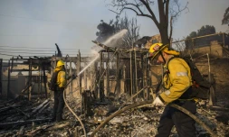 Des pompiers déployés dans le nord de Los Angeles pour combattre le Getty Fire, un incendie qui s'est déclaré le 28 octobre 2019 dans les quartiers chics de la ville