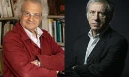 L'Ă©crivain franco-libanais Amin Maalouf (G), et l'ancien diplomate Jean-Christophe Rufin (D), tous deux candidats pour prendre la tĂȘte de l'AcadĂ©mie française