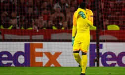 Le gardien de Rennes Edouard Mendy expulsé dÚs le début du match contre Cluj, en Ligue Europa, le 24 octobre 2019 au Roazhon Park