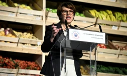 La ministre de l'Agriculture, Annie Genevard, lors d'un discours sur la souveraineté alimentaire au marché de gros de Rungis, le 8 décembre 2025 dans le Val-de-Marne