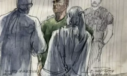 Croquis d'audience de Rédoine Faïd à l'ouverture de son procès devant la cour d'assises de Paris, le 5 septembre 2023 ( AFP / Benoit PEYRUCQ )