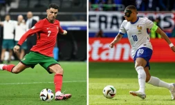 Combo créé le 3 juillet 2024: le Portugais Cristiano Ronaldo (gauche) et le Français Kylian Mbappé, respectivement à Francfort et Düsseldorf le 1er juillet 2024, en Allemagne