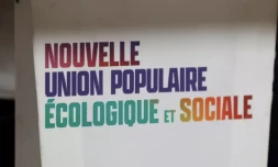 Le logo de la Nouvelle union populaire écologique et sociale (Nupes), le 7 juin 2022 à Paris ( AFP / Geoffroy VAN DER HASSELT )