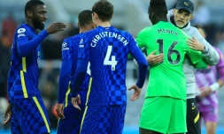 La joie de l'entraîneur allemand de Chelsea Thomas Tuchel et de ses joueurs, après leur victoire, 3-0 sur la pelouse de Newcastle, le 30 octobre 2021 lors de la 10e journée de Premier League