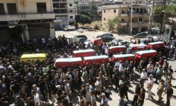 Les funérailles de victimes d'une frappe aérienne israélienne ayant visé le village de Kfar Remmane la veille, dans le sud du Liban, le 8 septembre 2026