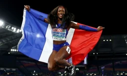 La Française Cyréna Samba-Mayela aprÚs sa médaille d'argent sur le 100m haies, aux JO-2024 au Stade de France, le 10 août 2024