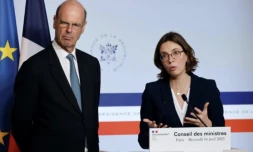 Les ministres de l'Economie Eric Lombard et des Comptes publics Amélie de Montchalin le 16 avril 2025 à Paris ( AFP / Ludovic MARIN )