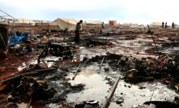 Une capture d'écran d'une vidéo montre la destruction d'un un camp dans la province d'Idleb, en Syrie, le 5 mai 2016
