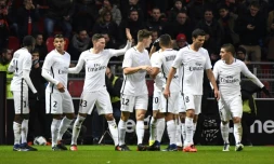Le PSG après le but de Julian Draxler (2g) face à Rennes, le 14 janvier 2017 au Roazhon Park