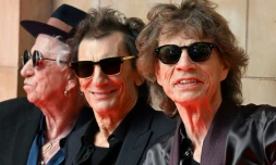 (g-d) Les Rolling Stones Keith Richards, Ron Wood et Mick Jagger pour le lancement de leur nouvel album "Hackney Diamonds", le 6 septembre 2023 au Hackney Empire Ă Londres