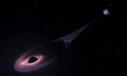 Une illustration artistique fournie par la NASA, pour montrer la dynamique d'un trou noir supermassif lancé à grande vitesse et laissant une traßnée d'étoiles derriÚre lui ( NASA/ESA / Handout )