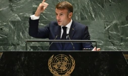 Le président français Emmanuel Macron devant l'Assemblée générale de l'ONU, le 25 septembre 2024 ( AFP / TIMOTHY A. CLARY )