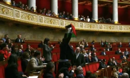 Le député LFI Sébastien Delogu brandit un drapeau palestinien dans l'hémicycle de l'Assemblée nationale, le 28 mai 2024 à Paris ( AFP / Miguel MEDINA )