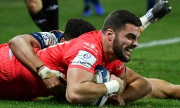 L'ailier toulousain Lucas Tauzin marque un essai sur le terrain de Montpellier en Coupe d'Europe, le 14 décembre 2019