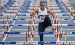 La lanceuse de poids belge Jolien Boumkwo aux championnats d'Europe d'athlétisme par équipe, samedi 24 juin, en POlogne. (ERIK VAN LEEUWEN / BELGA MAG / AFP)
