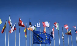 Drapeaux français et européen devant le parlement de Strasbourg, 25 mars 2024. - PATRICK HERTZOG / AFP
