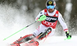 L'Autrichien Marcel Hirscher lors de la premiĂšre manche du slalom de Zagreb le 4 janvier 2018