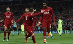 L'attaquant belge Divock Origi (N.27) qualifie Liverpool en marquant le 4e but contre Barcelone Ă Anfield, le 7 mai 2019
