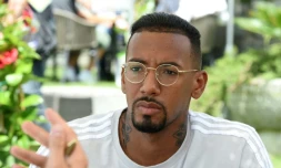 Le défenseur allemand, Jerome Boateng, le 5 juin 2018, à Bolzano, dans le nord de l'Italie, au cours d'un point presse 
