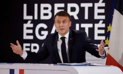 Le président Emmanuel Macron lors d'une conférence de presse, le 16 janvier 2024 à l'Elysée, à Paris. ( AFP / Ludovic MARIN )