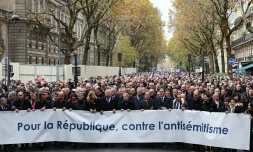 Carré de tête de la marche parisienne contre l'antisémitisme, en présence de nombreux politiques, le 12 novembre 2023
