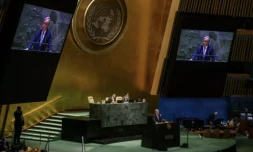 Le secrétaire général de l'ONU, Antonio Guterres fait une déclaration avant le vote d'une résolution pour la justice climatique, le 29 mars 2023 à New York ( AFP / Ed JONES )