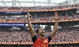 Le milieu espagnol Mikel Merino célÚbre son but décisif face à la Belgique, à Los Angeles, le 10 juillet 2026