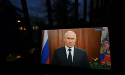 Vladimir Poutine s'adresse à la nation russe à la télévision d'Etat, le 26 juin 2023 au soir à Moscou ( AFP / NATALIA KOLESNIKOVA )
