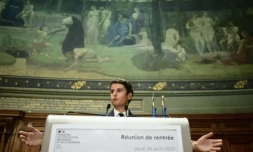 Le ministre de l'Education Gabriel Attal devant les recteurs réunis à la Sorbonne, le 24 août 2023 à Paris ( AFP / Emmanuel DUNAND )