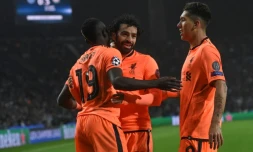 Le trio offensif de Liverpool Sadio Mané (g), Mohamed Salah (c) et Roberto Firmino, lors d'un match à Porto, le 14 février 2018