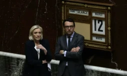 Marine Le Pen et Renaud Labaye à l'Assemblée nationale à Paris, le 12 mars 2024 ( AFP / Thomas SAMSON )
