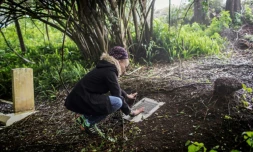 Une femme se recueille devant une plaque commémorative sur le site où sont enterrés des dépouilles d'esclaves à Jamestown, sur l'île britannique de Sainte-Hélène, le 18 octobre 2017