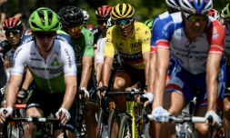 Le Belge Greg Van Avermaet, maillot jaune, et le Slovaque Peter Sagan, maillot vert, dans le peloton au départ de la 10e étape entre Annecy et Le Grand-Bornand, le 17 juillet 2018